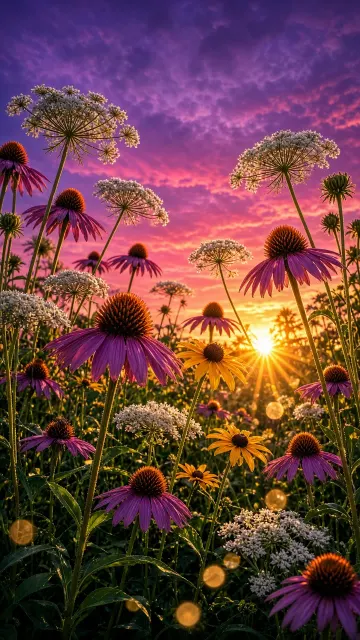 Low-Angle Meadow Canopy Against Violet Sunset