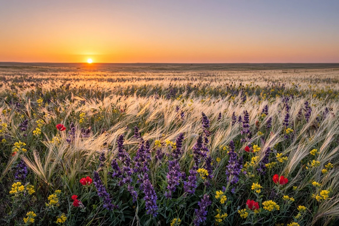 Eurasian Steppe Grassland and Salvia at Sunset