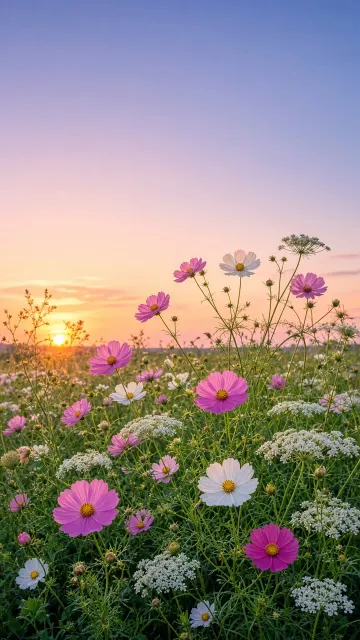 Minimalist Wild Cosmos Field with Warm Gradient Sky