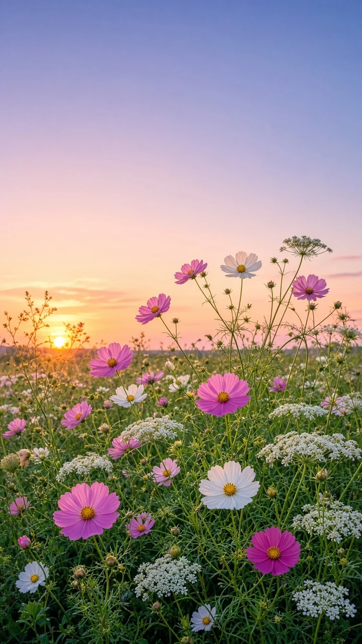 Minimalist Wild Cosmos Field with Warm Gradient Sky
