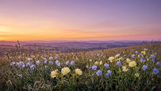 Pastel Dusk Meadow with Wild Flax and Primrose