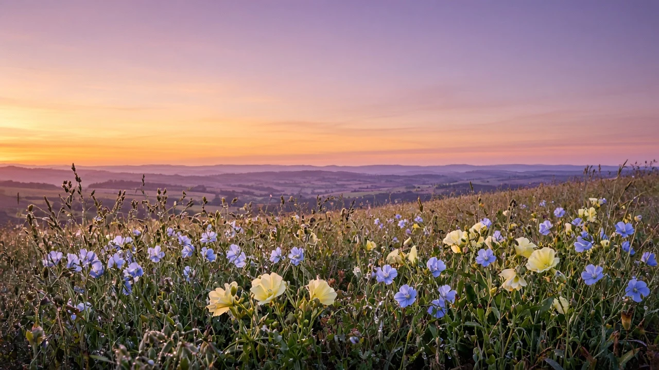 Pastel Dusk Meadow with Wild Flax and Primrose
