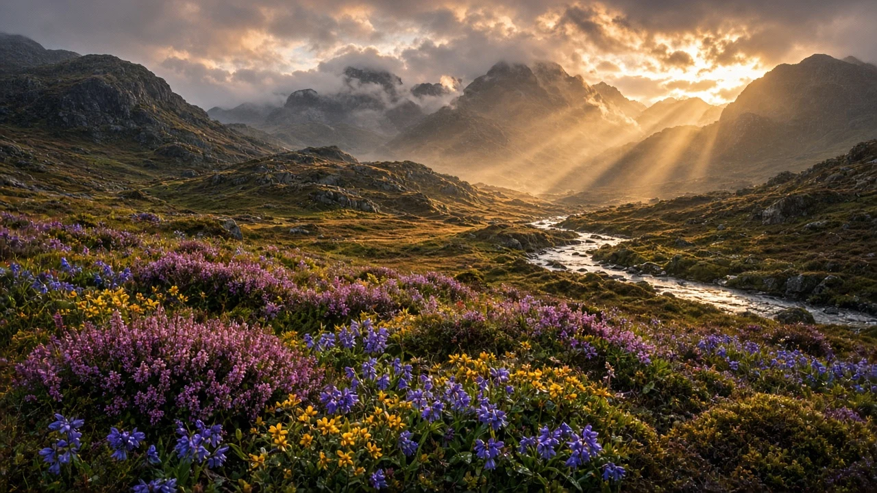 Scottish Highland Glen Heather and Bluebells in Sunset Mist