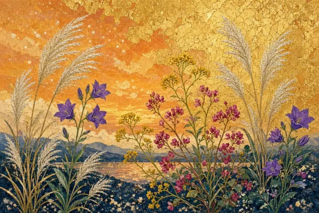 Nihonga Mineral Pigment Autumn Meadow with Sunset Gold