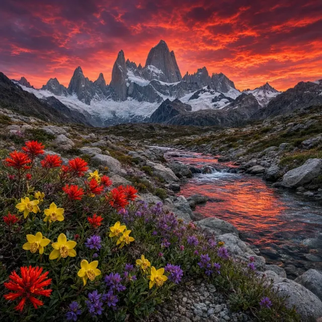 Patagonian Mountain Meadow in Fiery Twilight