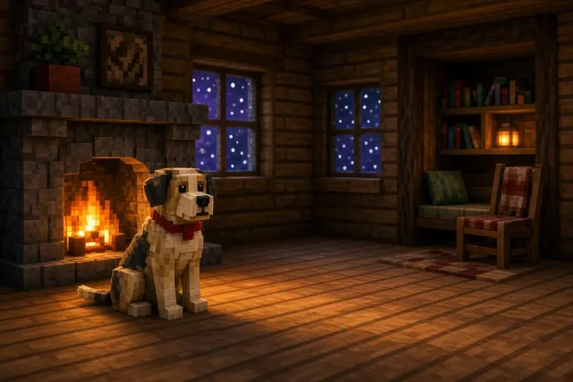 Voxel Wolfhound Beside Cozy Cobblestone Hearth