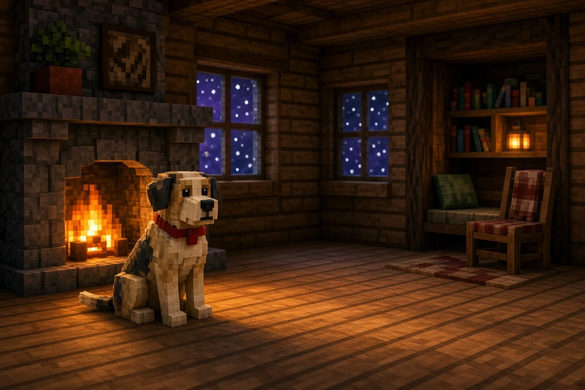 Voxel Wolfhound Beside Cozy Cobblestone Hearth