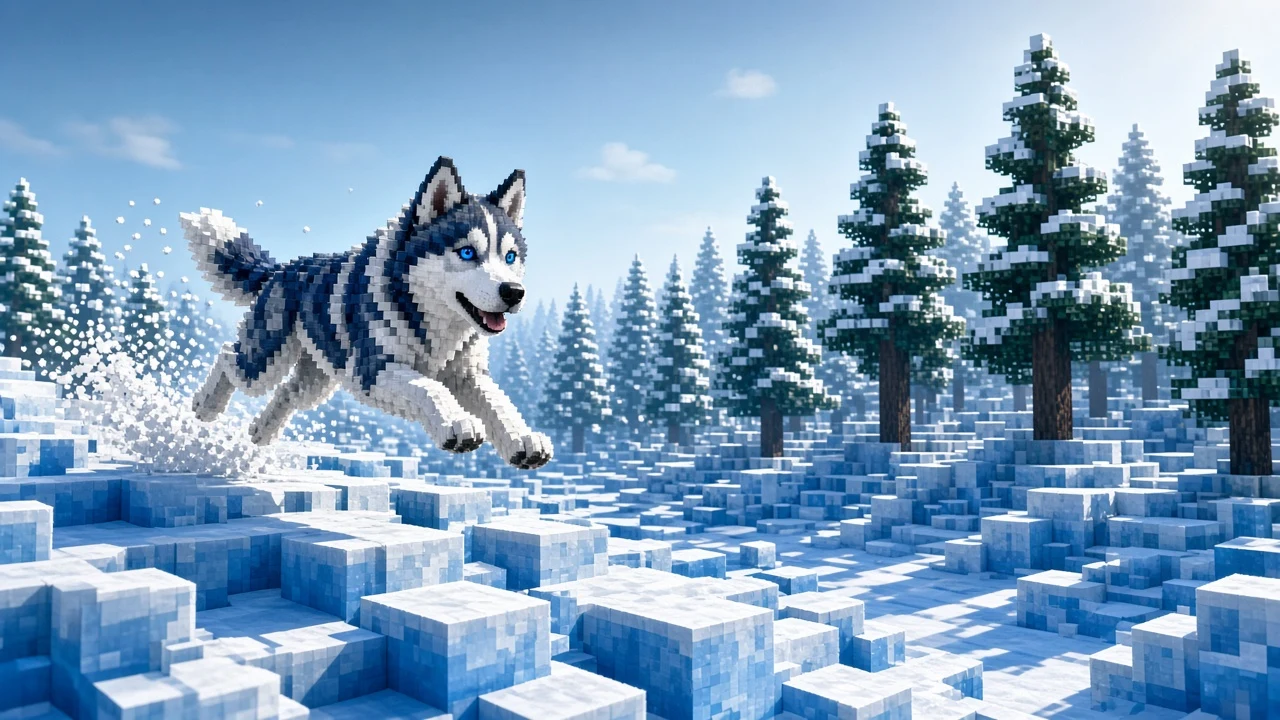 Arctic Voxel Husky Traversal Across Frozen Tundra