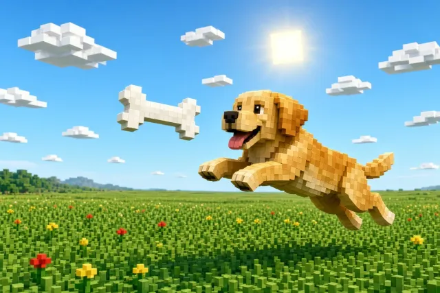 Playful Voxel Golden Retriever Mid-Air Bone Catch