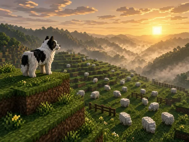 Terraced Pasture Voxel Sheepdog at Golden Hour