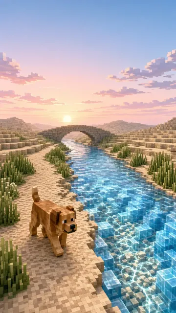 Riverbank Stroll of Voxel Hound Beside Translucent Waters