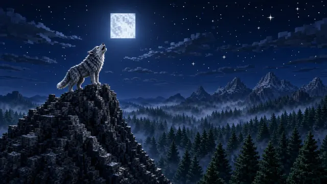 Voxel Wolf Howling on High Granite Cliff Face