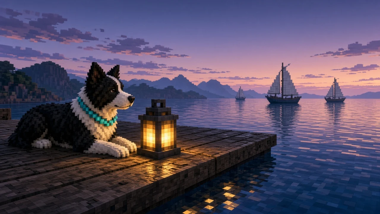 Voxel Border Collie on Weathered Pier Dock