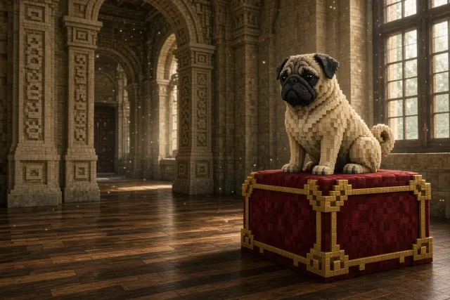 Squat Voxel Pug on Velvet Cushion Throne
