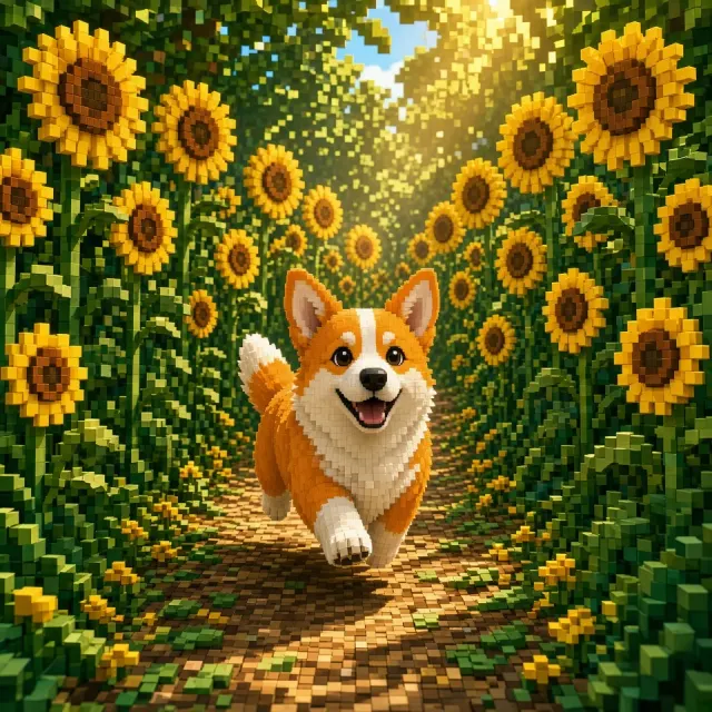 Voxel Corgi Scampering Through Sunflower Biome