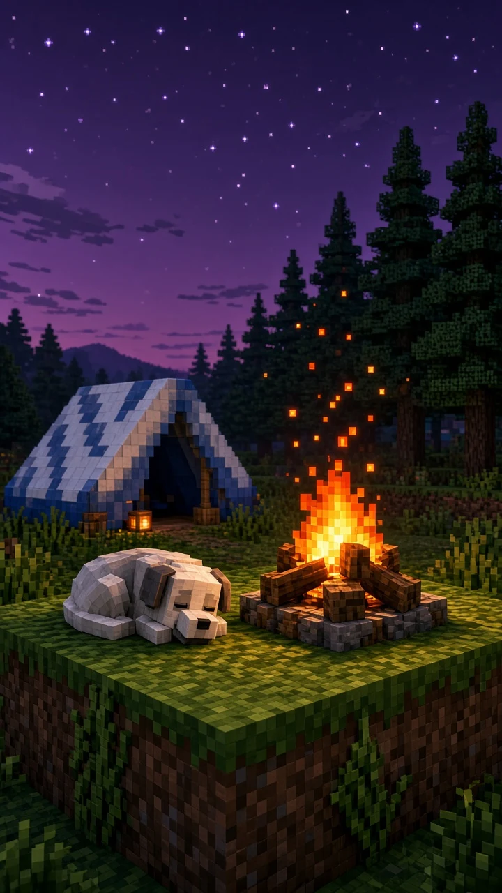 Voxel Hound Resting at Twilight Campfire