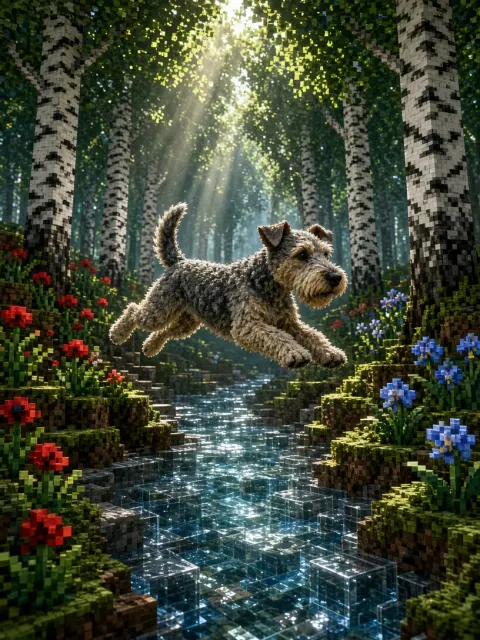 Voxel Terrier Leaping Across Forest Stream