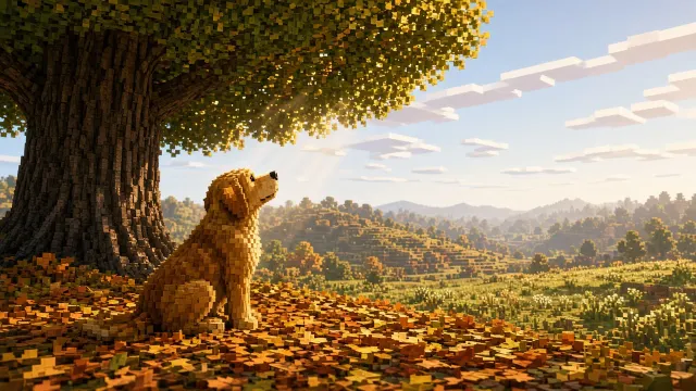 Voxel Hound Gazing into Canopy of Ancient Oak