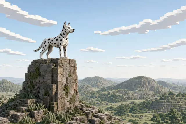 Voxel Dalmatian on Sunlit Stone Monolith