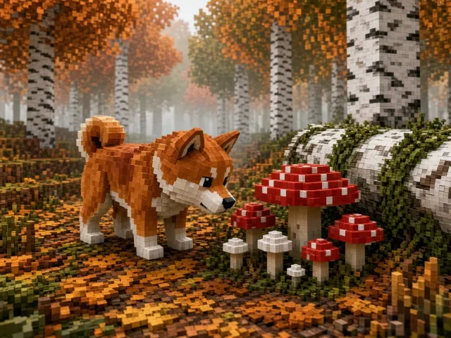 Autumn Foraging Voxel Shiba Inu in Birch Forest