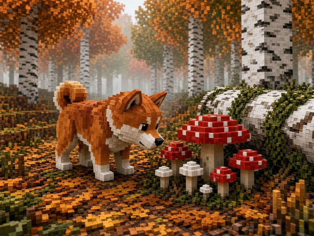 Autumn Foraging Voxel Shiba Inu in Birch Forest