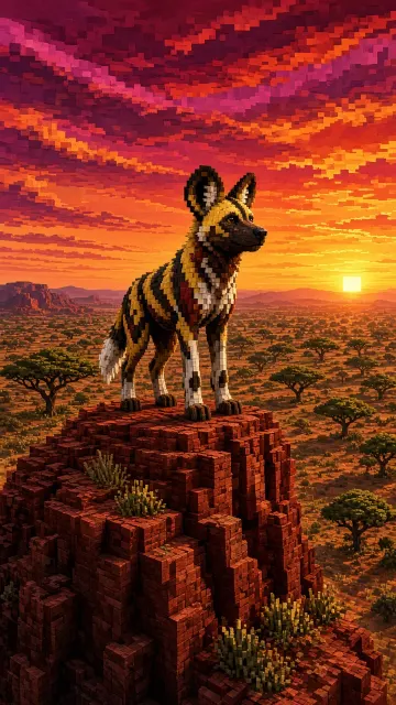 Voxel African Wild Dog on Sunset Savanna Ridge