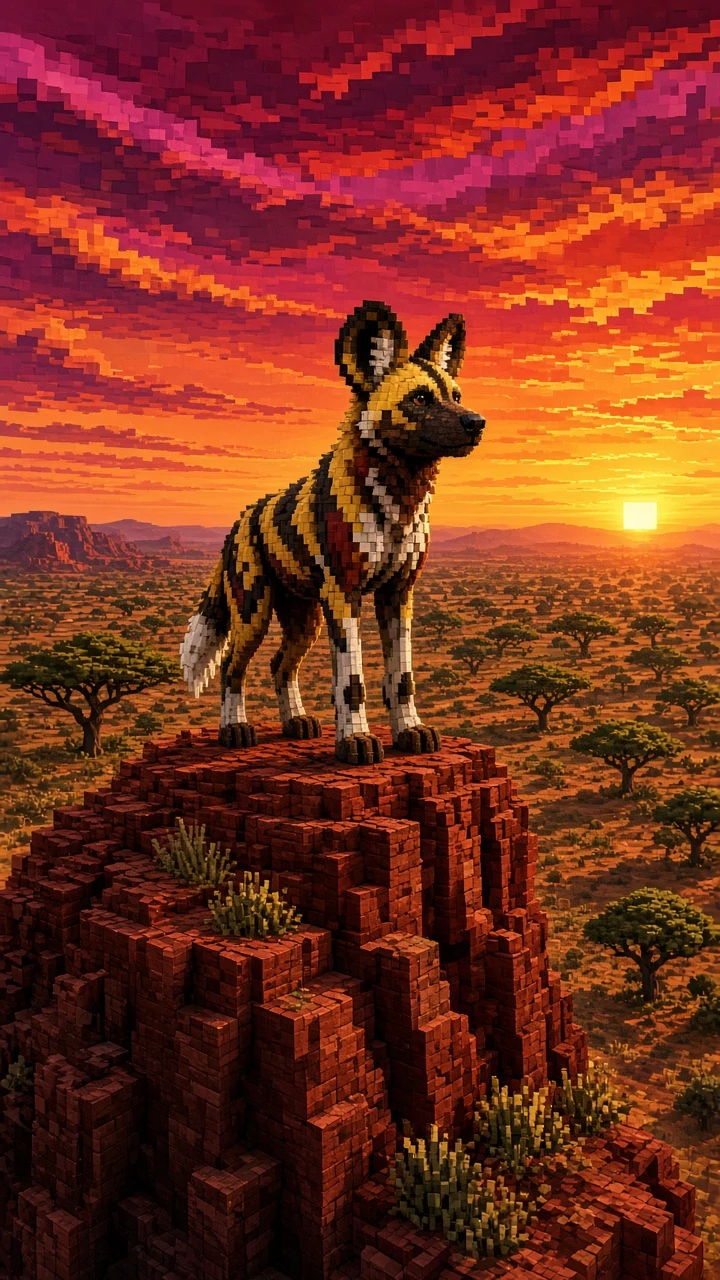 Voxel African Wild Dog on Sunset Savanna Ridge