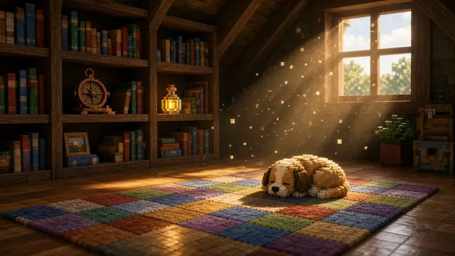 Slumbering Voxel Pup in Cozy Attic Library