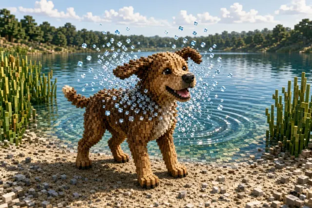 Voxel Dog Shaking Water Droplets by Pond