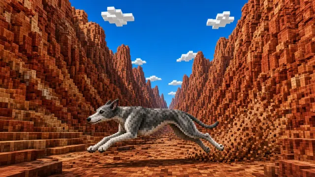 Voxel Greyhound Sprinting Through Red Rock Canyon