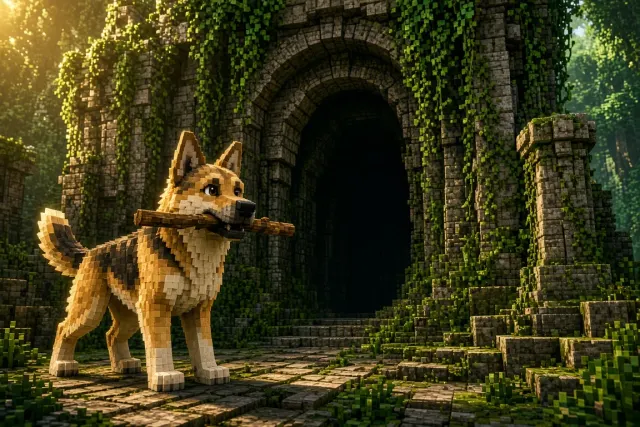 Voxel Dog with Stick at Ancient Ruin Entryway