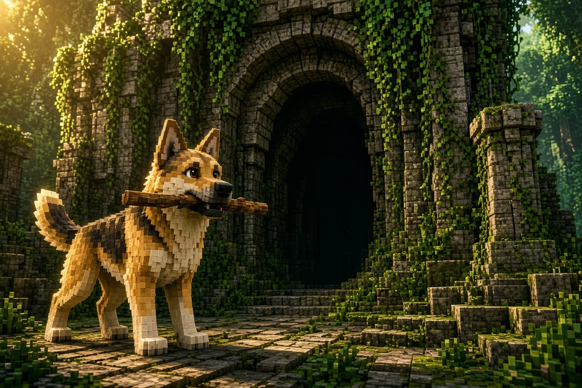 Voxel Dog with Stick at Ancient Ruin Entryway