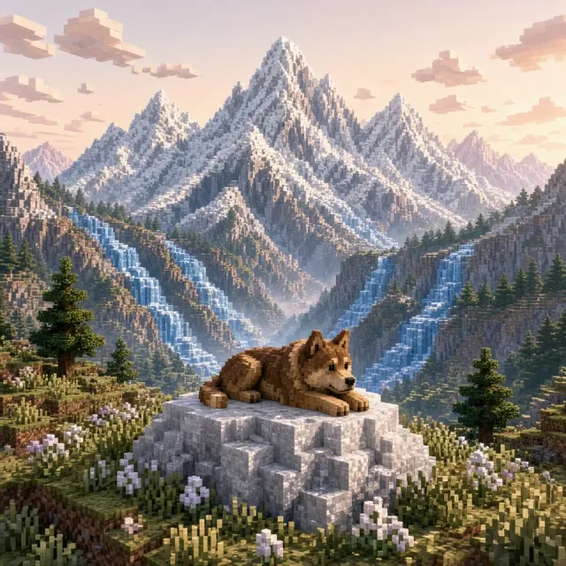 Panoramic Voxel Mountain Valley with Canine Lookout