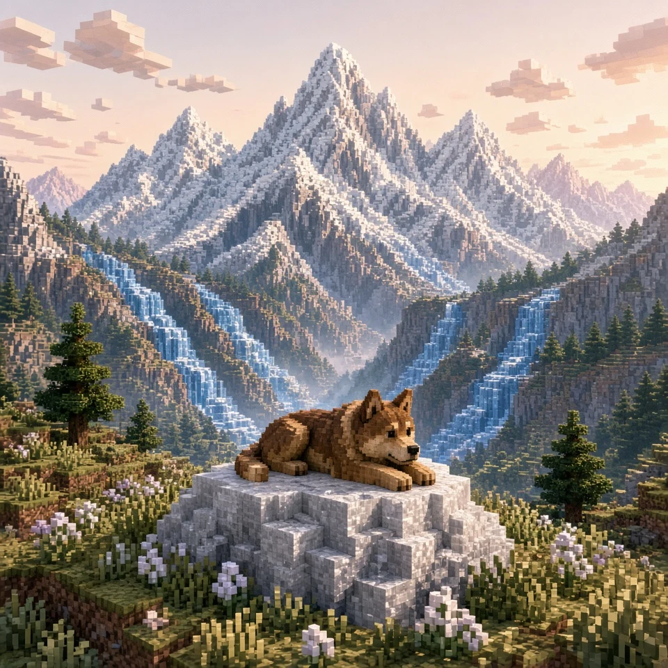 Panoramic Voxel Mountain Valley with Canine Lookout