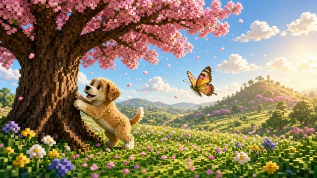 Curious Voxel Pup and Floating Pollen Particles