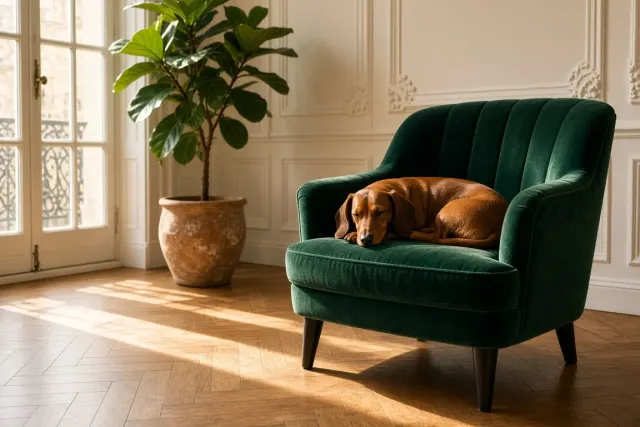 Smooth Red Dachshund Lounging on Emerald Velvet in Parisian Salon