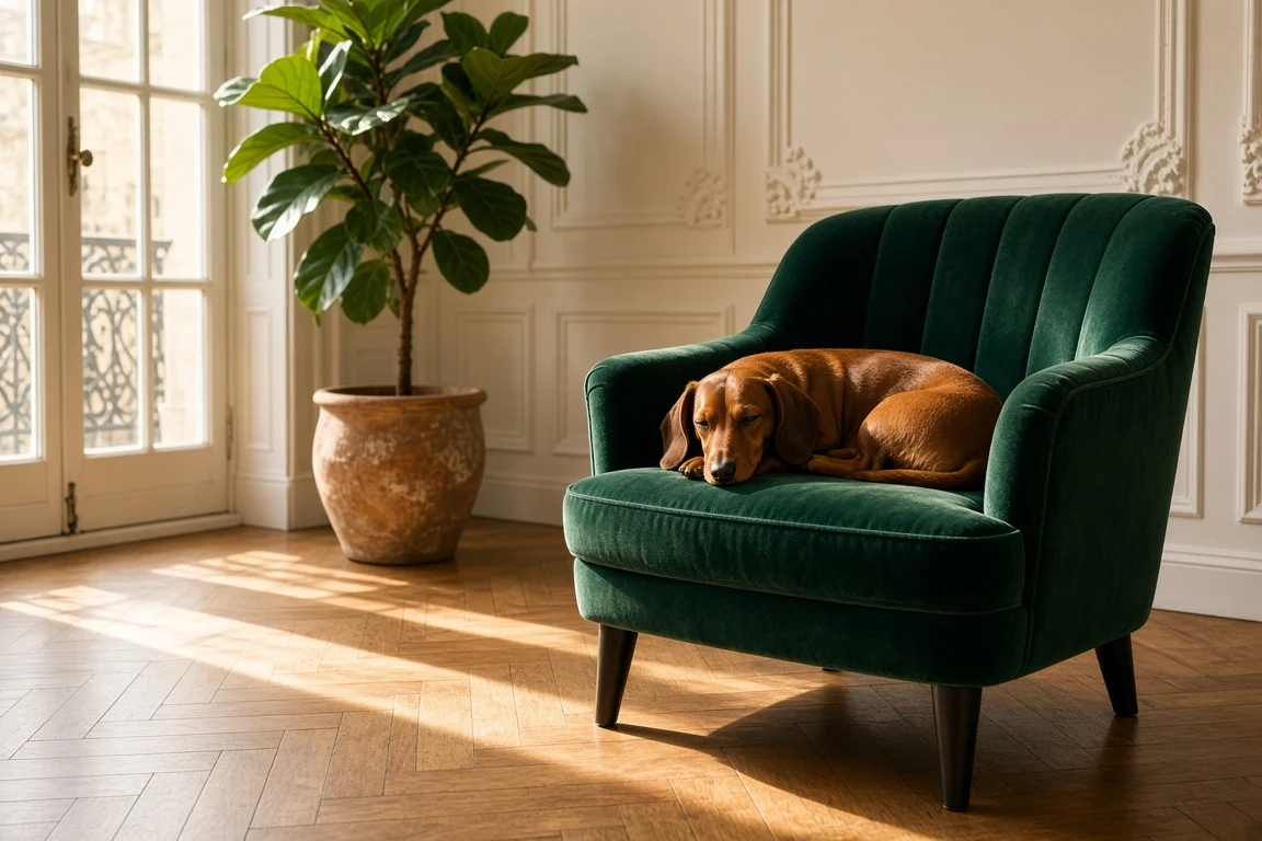 Smooth Red Dachshund Lounging on Emerald Velvet in Parisian Salon
