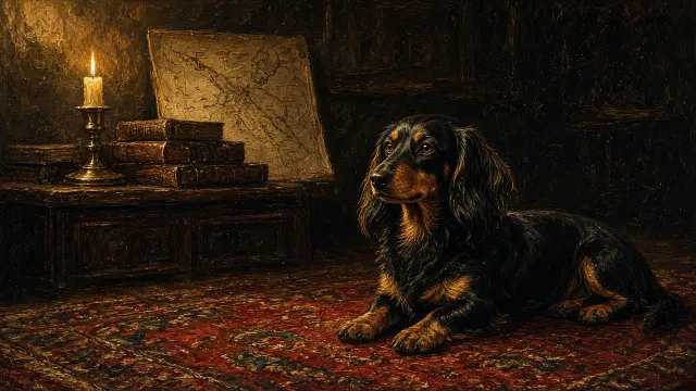 Baroque Chiaroscuro Portrait of a Longhaired Black and Tan Dachshund