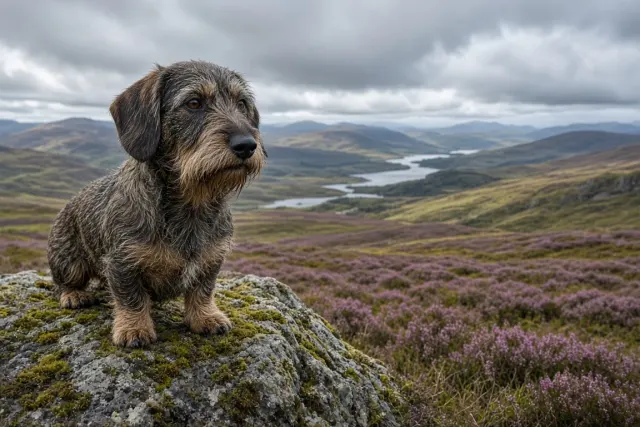 Wirehaired Wild Boar Dachshund on Scottish Heather Moorland