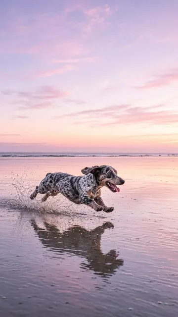 Panoramic Action Freeze of Silver Dapple Dachshund on Coastal Sand