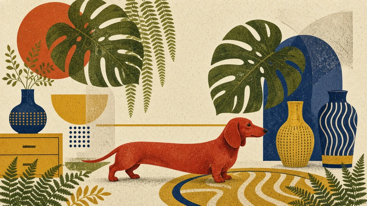 Stylized Mid-Century Modern Risograph of Dachshund in Foliage