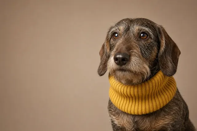 Studio Portrait of Senior Wirehaired Dachshund in Chunky Knit Snood
