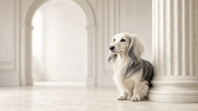 Editorial Portrait of Shaded Cream Dachshund beside Fluted Column