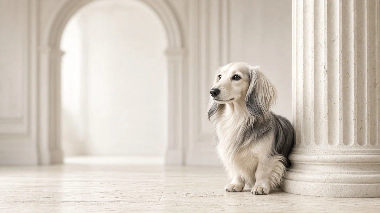 Editorial Portrait of Shaded Cream Dachshund beside Fluted Column