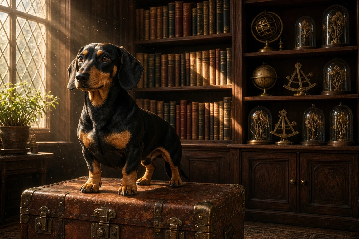 Standard Dachshund in Antique Naturalist Study with Brass Instruments