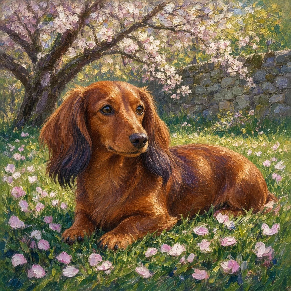 Impressionist Oil Painting of Dachshund under Orchard Blossoms