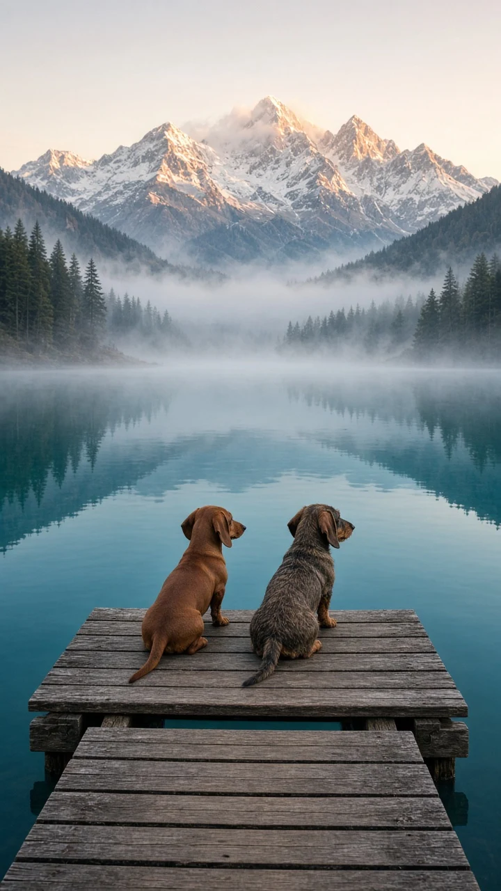 Dachshund Pair on Wooden Alpine Lake Pier at Sunrise