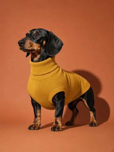 High-Contrast Studio Fashion Dachshund in Mustard Merino Rollneck