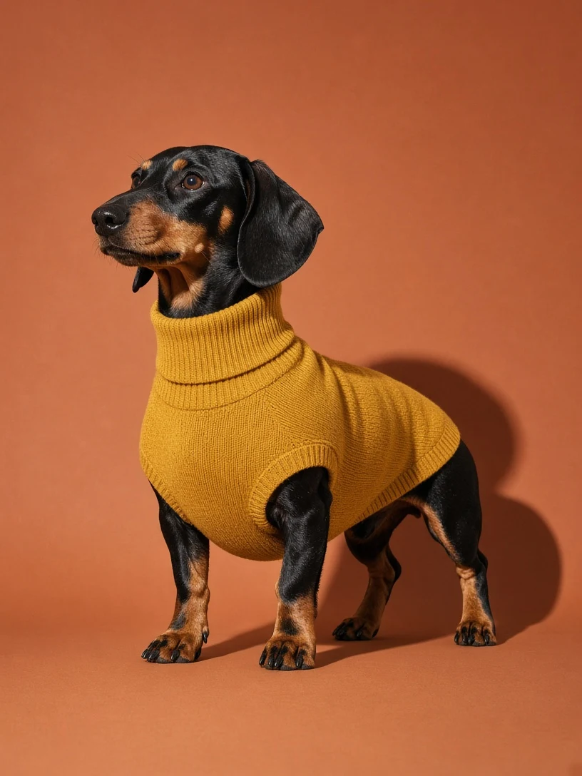 High-Contrast Studio Fashion Dachshund in Mustard Merino Rollneck