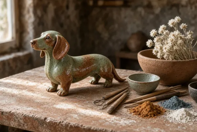 Handcrafted Glazed Ceramic Dachshund Figurine on Terracotta Surface